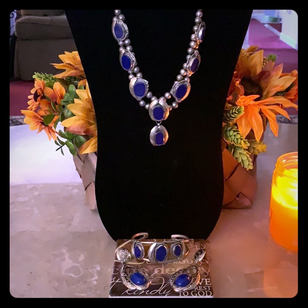 Silver and Blue Necklace, Bracelet and Earrings